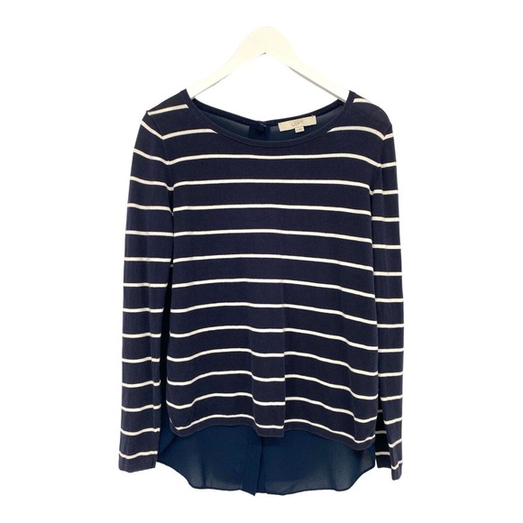 Ann Taylor LOFT Long Sleeve Blouse Sheer Button Back Striped Navy White Sz M - Picture 5 of 6